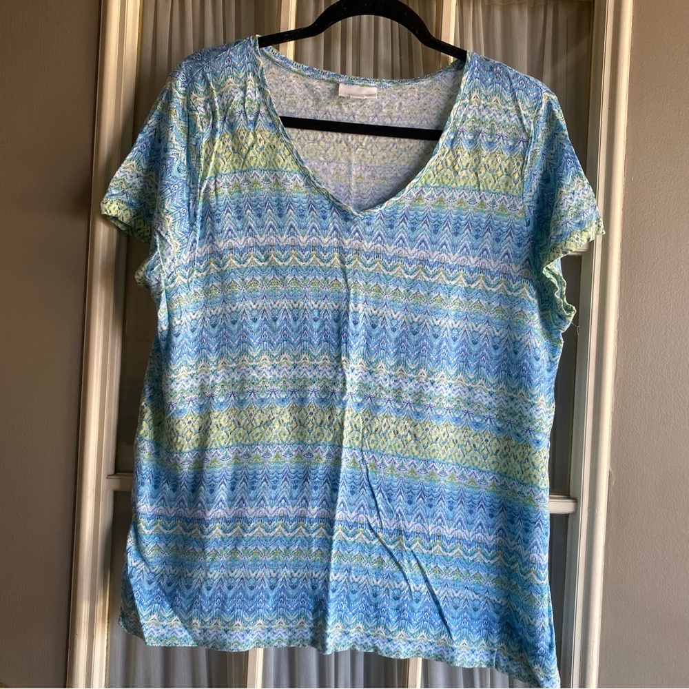 J. Jill Blue V-Neck Linen Ikat Patterned Tshirt